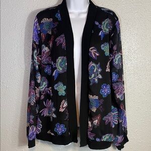 LolaLiza Belgian Design Black Sheer Floral Kimono Jacket – Open Front Size 48